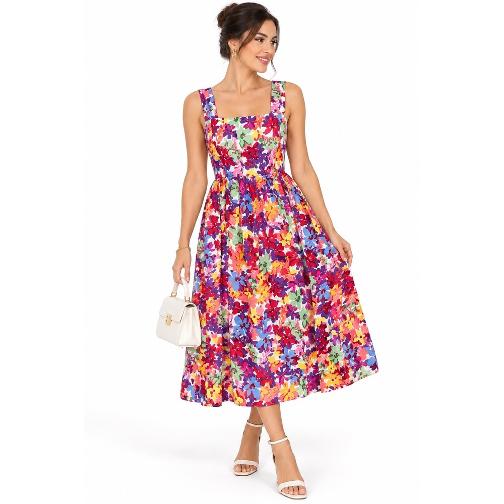 Maggy London Women's Floral WHT/Coral Fit & Flare Midi Dress Size 10 NWT